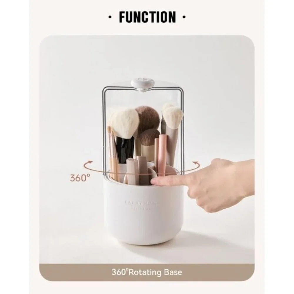 New 360° Rotating Makeup Brush Holder, Dustproof, 7-Compartment Vanity Organizer